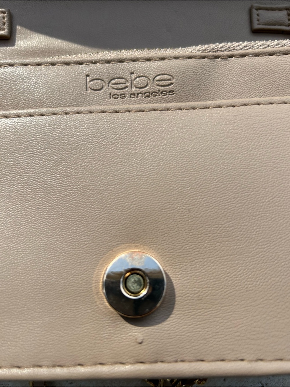 bebe Tallula Monogram Jacquard Beige and Brown Logo Crossbody with Gold Chain - Picture 6 of 8